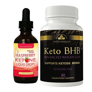 Raspberry Ketone Liquid Drops & Keto BHB Fat Burner Weight Loss Capsules Combo - Picture 1 of 12