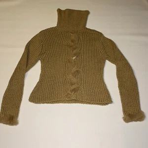 Kenji Handknit Sweater Women's Medium Brown Tan Fur Trim Wool Nordic Y2K - Picture 1 of 8
