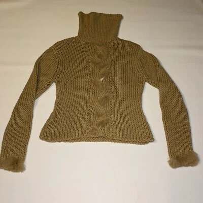 Kenji Handknit Sweater Women's Medium Brown Tan Fur Trim Wool Nordic Y2K - Image 1 of 4