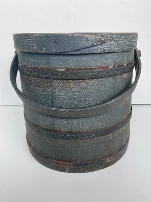 BEST EARLY AMERICAN FIRKIN SUGAR BUCKET OLD INDIGO BLUE PAINT PRIMITIVE - Image 1 of 4