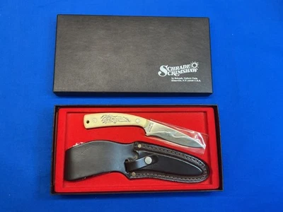 Cuchillo de hoja fija Schrade SC501 Scrimshaw de colección con funda de cuero y caja EE. UU. Foto 1 de 4