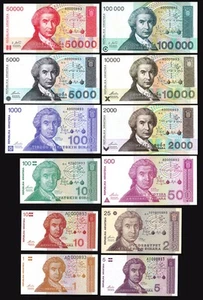 Croatia 12 Pcs SET, 1 to 500 1000 2000 5000 to 100000 D.1991 1993, UNC, Pr.A LOW - Picture 1 of 4
