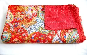 Indian Handmade Red Paisley Print Twin Cotton Kantha Quilt Bedspread Throw Gudri - Picture 1 of 3