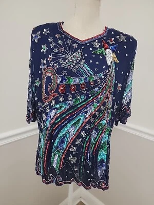 Винтажный Odeonl разноцветный Новый год блестки бисером вечер шелковый топ / размер 22 - Изображение 1 из 4