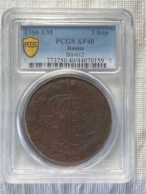 1766 EM Russian Empire 5 Kopeks Copper Coin PCGS XF40 - Image 1 of 2