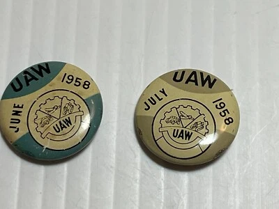 LOTE 2 PRENDEDORES UAW UNITED SINDICATO DE TRABAJADORES AUTOMOTORES PINBACKS JUNIO JULIO VINTAGE Foto 1 de 3