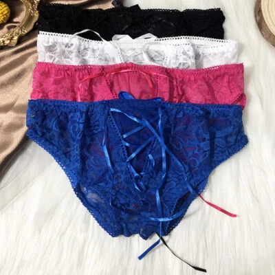 4 Pack Lot Sexy Womens Cheeky Crotchles Lace Panties Thong See Through Underwear - Image 1 of 4