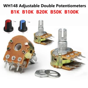 WH148 Adjustable Double Potentiometers Shaft 15mm/20mm 6-Pin B1K B10K B20K-B100K - Picture 1 of 19