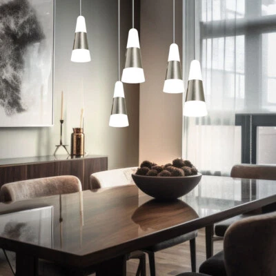 Lampada a Sospensione Luce Sala da Pranzo LED Satinato Nichel Opaco 5 Fiamma - Immagine 1 di 4