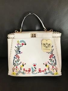 HandBag Republic Satchel White Faux Leather Floral Embroidered - Picture 1 of 24