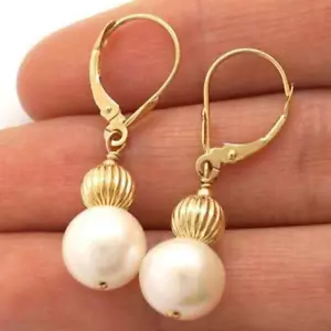 14K Solid Yellow Gold Ball 9mm Real Pearl Dangle Drop Leverback Earrings - Picture 1 of 7