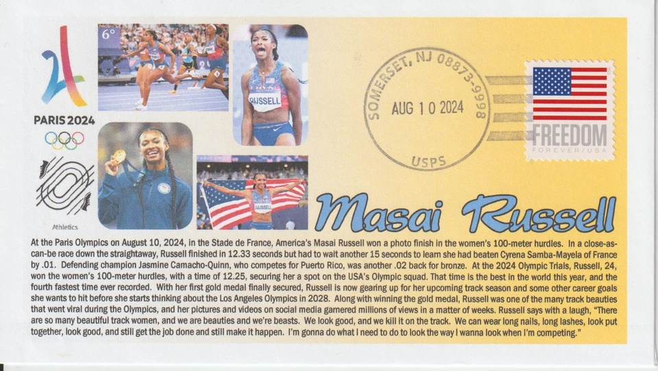 6° Cachets Paris 2024 Olympics Masai Russell Team USA Hurdles Gold Medal - Image 1 of 1