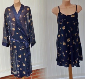 K22 VTG C&A SHEER BLUE GOLD FLORAL CHIFFON NIGHTIE NEGLIGEE SET M 14 16 18 NWOT - Picture 1 of 12