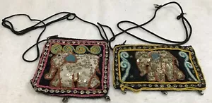✨REDUCED✨ 2-VTG ART DECO Black Zippered Bags w/pad Elephant Motif Beads&Sequins - Picture 1 of 9
