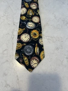 Express Herren Krawatte Schwarz Gold Neuheit Uhren Motiv 100 % Seide Neu - Bild 1 von 6