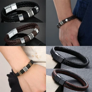 Unisex Women Men Braided Leather Steel Magnetic Clasp Bracelet Handmade - Picture 1 of 63