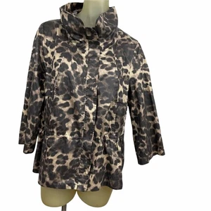 Peck & Peck Woman’s jacket brown Cheetah print nylon zipper size large 3/4 sleev - Picture 1 of 7