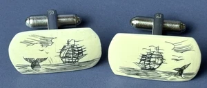 Vintage Men's Cufflinks Schrimshaw Ships w/ Billowing Sails & Whale Tail - Picture 1 of 3