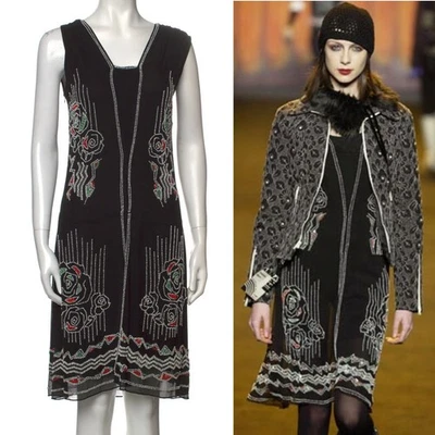 Vestido recto ANNA SUI FW03 Pasarela Negro Cuentas Seda Gasa Aleta Años 20 XS De Colección Foto 1 de 4