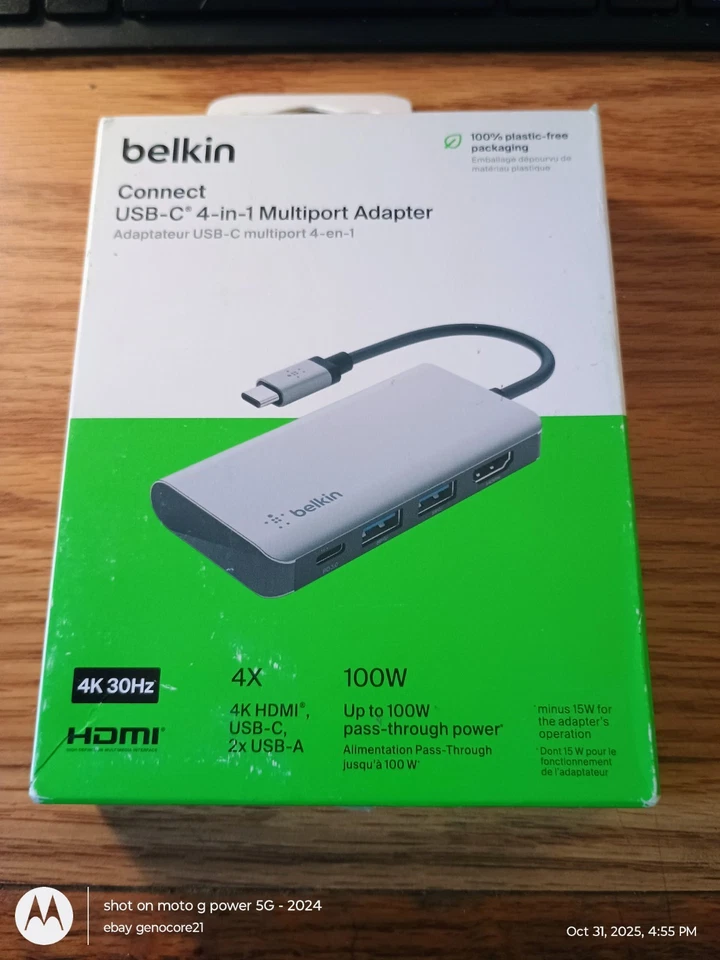 🔌 Belkin USB-C 4-in-1 Multiport Adapter – HDMI, USB, SD, PD – Gray – New in Box - Image 1 of 1