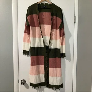derek heart Striped Distressed Cardigan Green Cream Pink Size Large - Bild 1 von 8