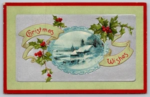 Cartolina d'epoca di Natale 1908 in rilievo con scena villaggio innevato - Foto 1 di 2