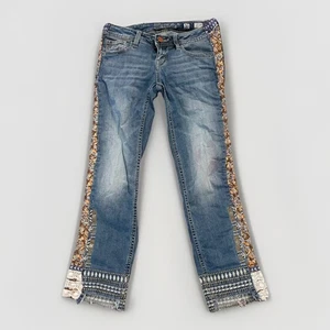 Pantalones de mezclilla azules ajustados Miss Me niñas jóvenes talla 10 azteca bordado encaje floral - Imagen 1 de 13