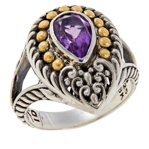 Bali RoManse Sterlingsilber & 18k Birne Amethyst Cocktail Ring Größe 7 - Bild 1 von 2
