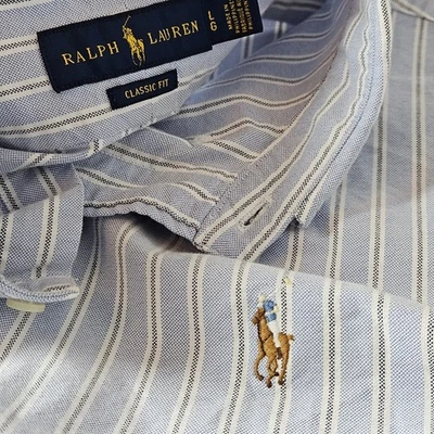 Camisa Polo Ralph Lauren Para Hombres L Azul Rayas Carne Poni Calce Clásico Botón Preppy Foto 1 de 4