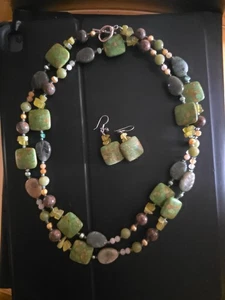 Green & Gold Magnesite And Agate Carved Beads Ex-long Necklace Earrings Set 925 - Picture 1 of 2
