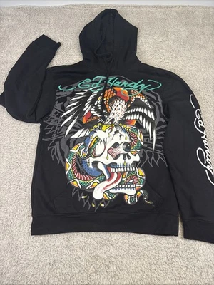 Ed Hardy Skull Eagle Snake 黑色连帽衫纹身图案黑色男式 S 码 — 第 1/4 张图片