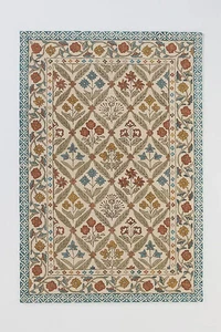 Hand Tufted Oriental Floral Area Rug 5x7 Beige Blue Border Vintage Traditional - Picture 1 of 5