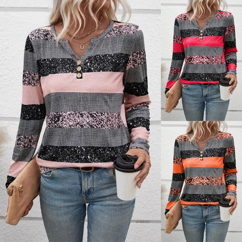 Women's Long Sleeve V-Neck Striped Tee - Slim Fit Blouse, White Stripes, X-Large