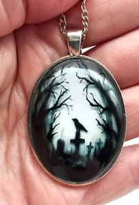 Schwarzer Rabe Krähe Charm Anhänger Halskette Silber Friedhof Halloween Geschenk Neu - Bild 1 von 5