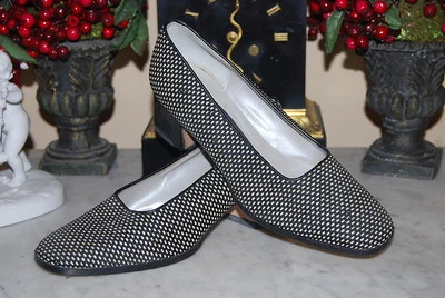 ZAPATOS DE SALÓN CLÁSICOS VINTAGE ELLEN TRACY ITALIA SEDA BLANCO NEGRO PARA MUJER TALLA 6,5 B Foto 1 de 4