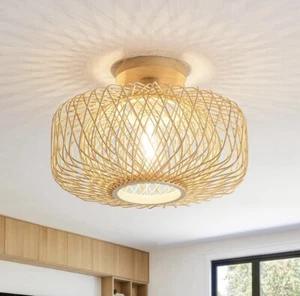 NWB 13” Hand Woven Rattan Ceiling Light Fixture Boho Farmhouse Bedroom New - Picture 1 of 9