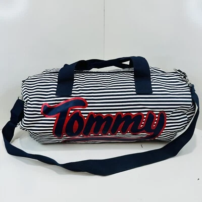 VTG Tommy Hilfiger Large Duffel Travel Weekender Bag Striped Script Spell Out - Image 1 of 4