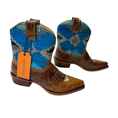 Botas occidentales Stetson azules grises Serape punta corta hechas a mano de cuero nuevas con etiquetas 6 Foto 1 de 4