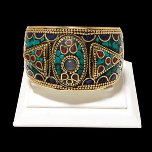 Turquoise, Onyx & Red Coral Gemstone Tibatan Antique Handmade  Style Cuff - Picture 1 of 1