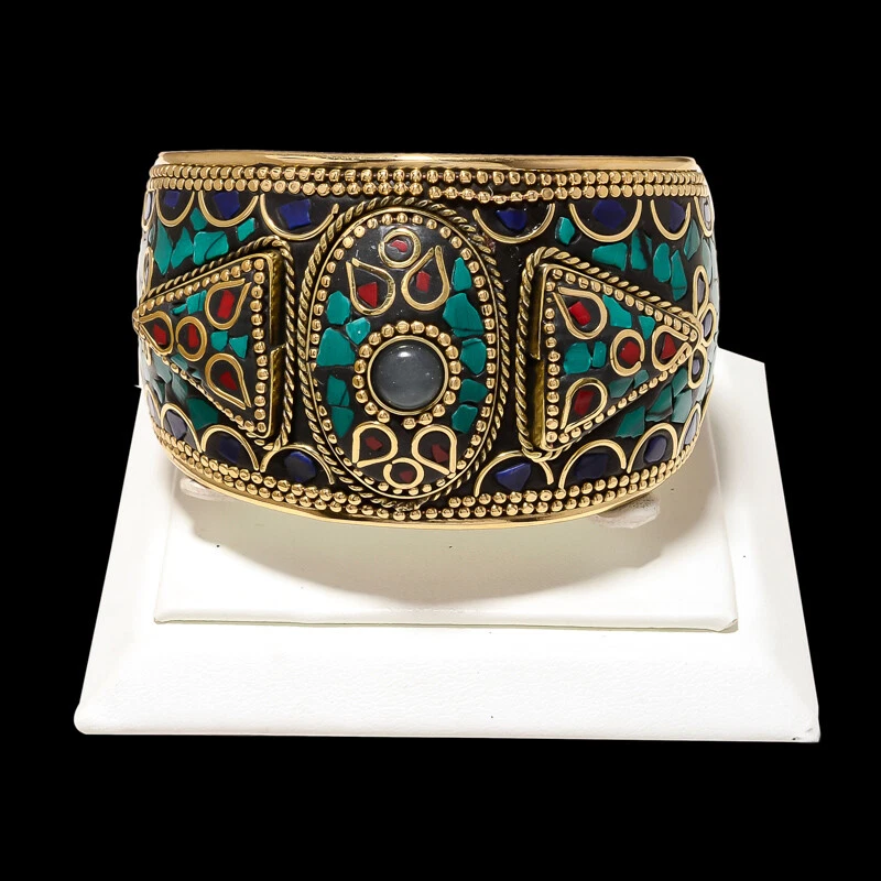 Turquoise, Onyx & Red Coral Gemstone Tibatan Antique Handmade  Style Cuff - Image 1 of 1