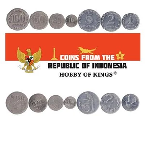Indonesian 7 Coin Set 1 2 5 10 25 50 100 Rupiah | Black drongo | 1970 - 1978 - Picture 1 of 2