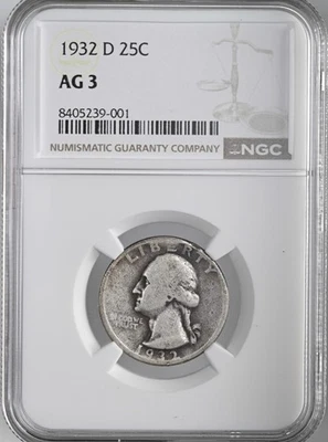 1932-D 25C WASHINGTON SILVER QUARTER - DENVER MINT - NGC AG 3  #8405239-001 - Image 1 of 4