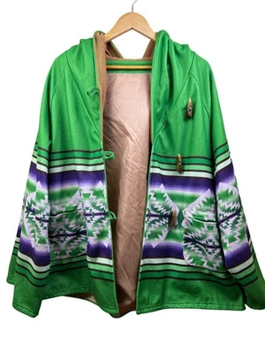 Abrigo con Capucha Southwestern Azteca Para Mujer Talla 6 Verde Púrpura Manta Chaqueta De Gran Tamaño Foto 1 de 4