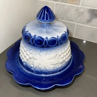 Vintage Stoneware Pottery Glazed Covered Cheese Butter Domed Dish Cobalt Blue - Image 1 of 4