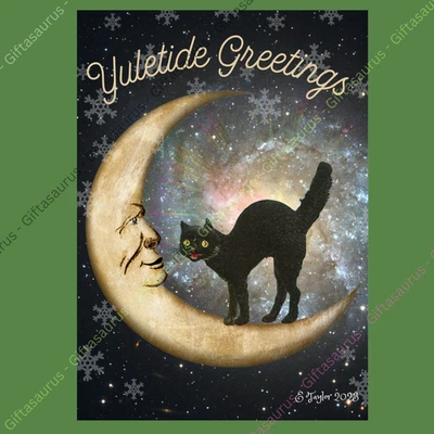 E TAYLOR ART Personalised Yule Card Yuletide Wiccan Pagan Black Cat Moon Celestial Christmas