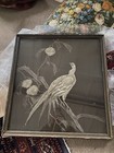 Antique Japanese Chinese Silk Silver Bird Embroidery Framed Panel Textile