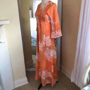 Vtg Andrade Honolulu Maxi Caftan Dress Small Melon Ruched Floral Hostess Lounge - Picture 1 of 11