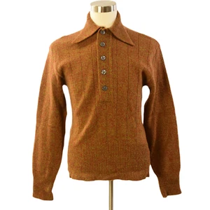 70s Vintage Wickbury Wool Polo Sweater Mens Orange Marled Knit Butterfly Collar - Picture 1 of 5