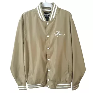 Young & Reckless Bomber Jacket Mens Medium Beige Y2K Retro Satin Varsity Jacket - Picture 1 of 11