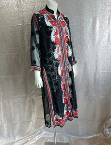 BOHEMIAN SHEER BLACK EMBROIDERED vintage CAFTAN TUNIC Layering Midi DRESS - Picture 1 of 9